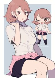  1girl black_skirt black_socks blush border breasts brown_eyes brown_hair cardigan cardigan_around_waist choker clothes_around_waist do_m_kaeru earrings feet_out_of_frame flipped_hair full_body gekkoukan_high_school_uniform hand_in_own_hair hand_on_own_hip hand_up jewelry kneehighs knees looking_at_viewer medium_breasts medium_hair miniskirt multiple_views one_eye_closed open_mouth outside_border persona persona_3 pink_cardigan pleated_skirt school_uniform shirt short_hair short_sleeves sitting skirt socks standing stud_earrings summer_uniform takeba_yukari thighs twitter_username white_border white_choker white_shirt wing_collar 