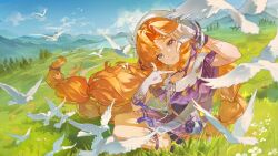 1girl absurdres aqua_eyes blue_sky bow braid braided_sidelocks closed_mouth day finger_frame from_side grass hair_bow head_tilt highres jacket long_hair looking_at_viewer multi-tied_hair official_art on_ground orange_hair outdoors purple_bow purple_jacket shu_bing sidelocks sigrika_(wuthering_waves) sitting sky smile solo tri_tails turning_head twin_braids very_long_hair wuthering_waves 