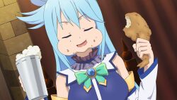  1girl :t alcohol aqua_(konosuba) bare_shoulders beer beer_mug blue_choker blue_gem blue_hair blue_shirt bow bowtie brick_wall brooch chicken_(food) choker closed_eyes crumbs cup curtains detached_sleeves dutch_angle eating food food_on_face fried_chicken frilled_choker frills game_asset gem green_bow green_bowtie hair_rings highres holding holding_cup holding_food indoors jewelry kono_subarashii_sekai_ni_shukufuku_wo! kono_subarashii_sekai_ni_shukufuku_wo!_kono_yokubukai_game_ni_shinpan_o! long_hair mug non-web_source official_art open_mouth puffy_cheeks self-datamine shirt single_hair_ring sleeveless sleeveless_shirt smile solo upper_body white_sleeves 