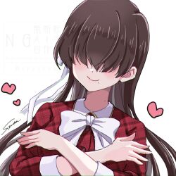  1girl bow bowtie brown_hair commentary covered_eyes crossed_arms facing_viewer hair_over_eyes hair_ribbon heart kakure_meme kimi_no_koto_ga_dai_dai_dai_dai_daisuki_na_100-nin_no_kanojo long_hair long_sleeves mole mole_on_neck mole_under_mouth ribbon signature simple_background smile solo syuuka617 untranslatable_commentary upper_body watermark white_background white_bow white_bowtie white_ribbon 