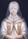  1boy absurdres black_background gold_trim grey_eyes halo highres long_hair long_sleeves looking_at_viewer lotus_(miya1224) male_focus original robe solo stole upper_body veil vestments white_hair white_robe 