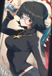  1girl black_hair black_sweater blood breasts chain chain_bracelet commentary cross cross_necklace glasses grey_pants highres hizake_mozu hunter_x_hunter jewelry long_sleeves looking_at_viewer medium_breasts midriff necklace pants red_eyes shizuku_murasaki short_hair solo spider_tattoo sweater tattoo untranslatable_commentary vacuum_cleaner 