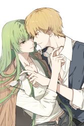  1boy 1other androgynous artist_request blonde_hair commentary_request enkidu_(fate) fate/grand_order fate_(series) gilgamesh_(fate) green_eyes green_hair highres holding holding_removed_eyewear jacket jacket_on_shoulders long_hair midriff_peek navel other_with_male red_eyes shirt short_hair simple_background smile unworn_eyewear upper_body white_background 