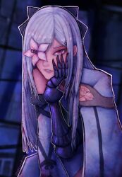  1girl absurdres blonde_hair drag-on_dragoon drag-on_dragoon_3 flower flower_over_eye highres ilovecutedeath looking_at_viewer mechanical_arms parted_lips solo white_hair zero_(drag-on_dragoon) 