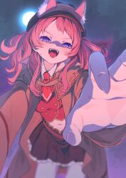  animal_ears belt blue_eyes brown_capelet brown_coat capelet coat commentary_request deerstalker fangs gakuen_idolmaster hanami_saki hat highres idolmaster long_hair looking_at_viewer midriff_peek miniskirt moon navel necktie official_alternate_costume reaching reaching_towards_viewer red_hair skirt tail thighs two_side_up vest wolf_ears wolf_girl wolf_tail yuusuke_(yyy_xp) 