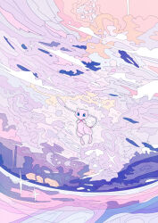  absurdres blue_eyes clouds cloudy_sky commentary floating full_body hato_(n_hat_mu) highres ligne_claire mew_(pokemon) no_humans outdoors pink_theme pokemon pokemon_(creature) sky solo sparkle 