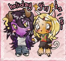  2girls ? animal_ears artist_name black_hair blonde_hair blush_stickers border cat_ears cat_tail chibi colored_skin deer_girl deltarune dog_ears hair_ornament hairclip holding_hands holidaygirl12251 lace lace_border looking_at_another looking_down missing_antlers multiple_girls noelle_holiday ornate_border pink_background purple_skin reindeer_girl reptile_girl susie_(deltarune) sweat tail utdr_(toby_fox) yuri 