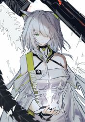  1girl absurdres animal_ear_fluff animal_ears arknights bare_shoulders bracelet breasts cat_ears cat_girl chinese_commentary closed_mouth commentary_request dress green_eyes grey_hair hair_over_one_eye highres jewelry kal'tsit_(arknights) kal'tsit_esperanta_(arknights) long_hair looking_down medium_breasts ming_ke_si_lai_ye! object_floating_above_hand solo white_background white_dress 