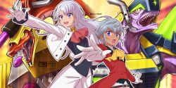  2girls artist_name ascot coattails colored_skin commentary_request constructor_wyrm_buildragon destructor_wyrm_bakhamut duel_monster fangs gloves grey_hair haru_7road highres jacket long_hair multiple_girls mutsuba_asaka mutsuba_asana open_mouth orange_ascot pants purple_skin red_skin smile tailcoat tan violet_eyes watermark white_gloves white_jacket white_pants yellow_eyes yu-gi-oh! yu-gi-oh!_go_rush!! yu-gi-oh!_sevens 