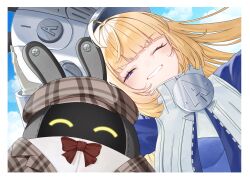  1girl ^_^ absurdres ahoge bangboo_(zenless_zone_zero) blonde_hair blue_eyes blue_sky bow bowtie closed_eyes clouds commentary_request day gloves grey_helmet grin helmet highres kinaco_4738 long_hair norma_hollowell outdoors red_bow red_bowtie sky smile white_gloves zenless_zone_zero 