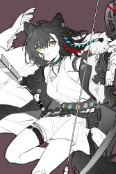  1girl animal_ear_fluff animal_ears arknights arrow_(projectile) bare_shoulders belt bow_(weapon) brown_background chinese_commentary commentary_request dress fingerless_gloves fingernails fringe_trim gloves hair_between_eyes highres holding holding_arrow holding_bow_(weapon) holding_weapon infection_monitor_(arknights) lunacub_(arknights) medium_hair mole mole_on_shoulder parted_lips partial_commentary partially_colored piaoliu_ping_ping_ping_pingzi simple_background sleeveless sleeveless_dress solo thigh_strap weapon yellow_eyes 