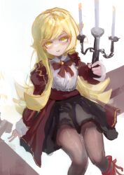  1girl absurdres bakemonogatari black_thighhighs blonde_hair breasts candle candlestand dress highres holding holding_candle loli long_hair long_sleeves looking_at_viewer monogatari_(series) necktie official_alternate_costume oshino_shinobu puffy_sleeves red_dress shinobusc2 shirt simple_background sitting smile thigh-highs white_shirt yellow_eyes 