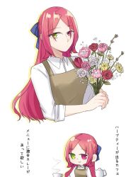  1girl apron assault_lily blue_bow bouquet bow brown_apron chibi closed_mouth collared_shirt commentary cropped_torso cup flower green_eyes hair_bow hands_up heterochromia holding holding_bouquet long_hair looking_at_object looking_at_viewer multiple_views nigari_(ngari_0115) no_pupils outline parted_bangs pink_flower pink_rose red_eyes red_flower red_hair red_rose rose shiba_tomoshibi shirt simple_background sleeves_rolled_up smile steam steaming_cup teacup teapot three-quarter_sleeves translated upper_body white_background white_flower white_rose white_shirt yellow_flower yellow_outline yellow_rose 