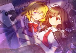  2girls :d absurdres ahoge binoculars black_capelet black_hat black_skirt blonde_hair bow bowtie breasts brown_eyes brown_hair capelet chinese_commentary closed_mouth collared_shirt colored_eyelashes commentary dress frilled_capelet frills hands_on_another's_arm hat hat_bow highres lying lysosomes_(lys9s9mes) maribel_hearn medium_hair mob_cap multiple_girls necktie on_back on_moon one_eye_closed open_mouth paper puffy_short_sleeves puffy_sleeves purple_dress red_bow red_bowtie red_necktie shirt shirt_tucked_in short_sleeves skirt sleeve_bow smile touhou twitter_username unworn_headwear usami_renko violet_eyes white_bow white_hat white_shirt yuri 