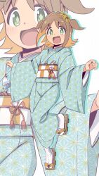  1girl :d alternate_costume artist_name asa_no_ha_(pattern) bag bagged_fish bambi2000line blue_kimono brown_hair colored_inner_hair commentary diamond-shaped_pupils diamond_(shape) fang fish flower full_body geta green_eyes hair_flower hair_intakes hair_ornament highres japanese_clothes kimono light_blush long_sleeves multicolored_hair obi oka_asahi onii-chan_wa_oshimai! open_mouth orange_hair sash short_hair smile solo symbol-shaped_pupils tabi two-tone_hair two_side_up wide_sleeves zoom_layer 