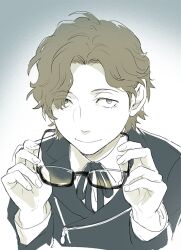  1boy black_jacket brown_hair closed_mouth commentary_request dress_shirt gekkoukan_high_school_uniform glasses hiraga_keisuke holding holding_removed_eyewear isa_(peien516) jacket looking_at_viewer male_focus neck_ribbon persona persona_3 rectangular_eyewear ribbon school_uniform semi-rimless_eyewear shirt solo straight-on under-rim_eyewear unworn_eyewear upper_body white_shirt 