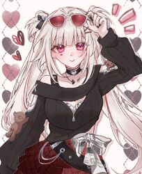  1girl :> arm_up black_choker black_nails black_shirt braid breasts choker commentary_request cowboy_shot funafu hair_ornament heart honkai:_star_rail honkai_(series) jewelry long_hair long_sleeves looking_at_viewer medium_breasts multicolored_hair necklace notice_lines official_alternate_costume official_alternate_hairstyle pink_eyes red_skirt red_streaks shirt simple_background skirt smile solo sparkle_(honkai:_star_rail) sparxie_(candy-coated_waves)_(honkai:_star_rail) sparxie_(honkai:_star_rail) standing streaked_hair twintails twitter_username two_side_up very_long_hair white_hair x_hair_ornament 