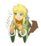  1boy akumesik blonde_hair blue_eyes commentary grandia grandia_ii highres long_hair male_focus open_mouth ponytail roan_(grandia) simple_background solo sweat white_background 