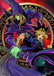  2boys betofu black_eyes blonde_hair closed_mouth colored_skin dark_magician duel_monster green_skin hat highres holding holding_staff long_hair looking_at_viewer male_focus multiple_boys muto_yugi open_mouth red_background spiky_hair staff violet_eyes wizard_hat yu-gi-oh! yu-gi-oh!_duel_monsters 