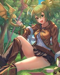  1girl absurdres blush bow breasts brown_robe collarbone commentary_request crystal dragon duel_monster feet_out_of_frame green_bow green_eyes green_hair heart highres long_hair medium_breasts open_mouth outdoors petit_dragon pink_nails ponytail robe scepter seiyagasa sitting smile staff tree wynn_(yu-gi-oh!) wynn_the_wind_charmer yu-gi-oh! 