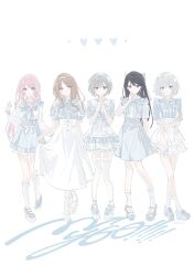  5girls absurdres bang_dream! bang_dream!_it's_mygo!!!!! blue_eyes blue_shoes blue_skirt bow brown_eyes brown_hair chihaya_anon chinese_commentary closed_mouth commentary_request earrings frilled_shirt frills grey_eyes grey_hair hair_bow hair_ribbon hand_on_own_arm heart heart_earrings heterochromia highres holding_own_skirt jewelry kaname_raana kneehighs long_hair mole mole_under_eye multiple_girls mygo!!!!!_(bang_dream!) nagasaki_soyo no.0_fish pink_hair platform_shoes ribbon sailor_collar shiina_taki shirt shoes short_hair simple_background skirt socks suspenders takamatsu_tomori violet_eyes white_background white_bow white_hair white_ribbon white_sailor_collar white_shirt white_socks yellow_eyes zettai_ryouiki 
