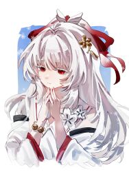  1girl absurdres aged_down bare_shoulders blue_background border closed_mouth colored_eyelashes commentary detached_sleeves hair_ornament hair_ribbon hands_up highres hiyuki_(wuthering_waves) long_hair long_sleeves mole mole_under_eye red_eyes red_ribbon ribbon snowflakes solo steepled_fingers upper_body white_border white_eyelashes white_hair windycle wuthering_waves 