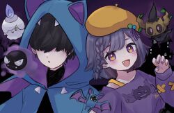  1boy 1girl :d :o beret black_hair blue_hoodie blush braid claw_pose commentary fang gastly grey_hair hair_over_eyes halloween hand_up hat highres hood hood_up hoodie jack-o'-lantern_print litwick long_sleeves looking_at_viewer nail_polish necoyu_(yuyudomino) open_mouth original phantump pokemon pokemon_(creature) print_shirt purple_nails purple_shirt shirt single_braid single_claw_pose smile upper_body violet_eyes yellow_hat zubat 