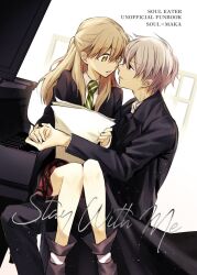  1boy 1girl black_coat black_jacket black_necktie black_pants boots brown_hair character_name coat collared_shirt commentary_request copyright_name couple eye_contact grand_piano green_eyes green_necktie grey_hair hetero holding holding_paper instrument jacket long_hair long_sleeves looking_at_another maka_albarn miniskirt necktie pants paper piano plaid_clothes plaid_skirt pleated_skirt red_skirt school_uniform se_sm shirt short_hair sitting skirt soul_eater soul_evans striped_clothes striped_necktie white_shirt wing_collar 