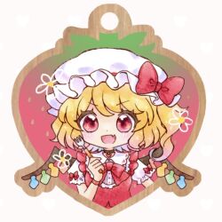  1girl black_choker blonde_hair bow bowtie choker collared_shirt commentary_request crystal crystal_wings fang flandre_scarlet fork frilled_shirt_collar frills hat hat_bow holding holding_fork looking_at_viewer mika_(alquermes) mob_cap multicolored_wings one_side_up open_mouth puffy_short_sleeves puffy_sleeves red_bow red_bowtie red_eyes red_vest shirt short_sleeves simple_background skin_fang sleeve_bow smile solo touhou vest white_background white_hat white_shirt wings 