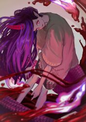  1girl absurdres blood commentary fire head_down highres horns large_tail long_hair looking_at_viewer mizuki_0630 oversized_clothes oversized_shirt parted_lips pink_eyes pointy_ears purple_hair shirt short_sleeves shorts single_horn smile solo syringe_holster t-shirt tail tenkajin_chiyari touhou 