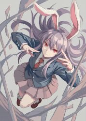 1girl absurdres animal_ears blue_jacket branch breasts brown_shoes buttons closed_mouth collared_shirt commentary_request fingernails floating_hair flying full_body grey_background hair_between_eyes hands_up highres jacket lapels long_hair long_sleeves looking_at_viewer medium_breasts miniskirt necktie pink_skirt pleated_skirt purple_hair rabbit_ears rabbit_girl red_eyes red_necktie reisen_udongein_inaba shirt shoes sidelocks simple_background skirt smile socks solo touhou user_ardu5834 v-shaped_eyebrows white_shirt white_socks 
