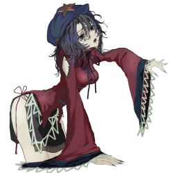  1girl black_hair black_hat black_skirt breasts chinese_clothes commentary from_side hat hat_ornament highres leaning_forward long_sleeves medium_breasts medium_hair mimino_courou miyako_yoshika newsboy_cap simple_background skirt solo star_(symbol) star_hat_ornament touhou white_background wide_sleeves 