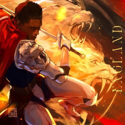  1boy 2026_fifa_world_cup armor commentary crymsy_(sze_b) dark-skinned_male dark_skin holding holding_sword holding_weapon jude_bellingham knight lion male_focus profile short_hair solo sword tusks watermark weapon world_cup 
