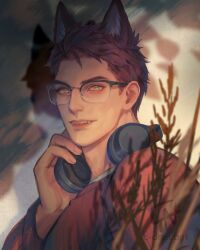  1boy aegyo_sal animal_ears artist_name cassandra_(avocasso) commentary crew_cut english_commentary fangs glasses headphones headphones_around_neck highres lips long_sleeves looking_at_viewer love_and_deepspace male_focus nose parted_lips red_hair red_sweater shadow short_hair signature solo sweater valko_(love_and_deepspace) wolf_ears yellow_eyes 