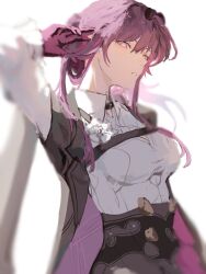  1girl absurdres abyx_lycan adjusting_hair black_jacket breasts commentary cowboy_shot english_commentary eyewear_on_head gloves hair_between_eyes highres honkai:_star_rail honkai_(series) jacket kafka_(honkai:_star_rail) large_breasts long_hair long_sleeves looking_at_viewer parted_lips purple_gloves purple_hair round_eyewear shirt solo sunglasses violet_eyes white_background white_shirt 