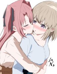  2girls black_ribbon blue_shirt blush closed_eyes commentary_request grey_hair hair_intakes hair_ribbon highres hug hug_from_behind kamiina_botan kamiina_botan_yoeru_sugata_wa_yuri_no_hana kiss kissing_cheek meteor_animation multiple_girls parted_lips pink_hair ribbon shirt short_hair simple_background tonami_ibuki translation_request two_side_up violet_eyes white_background white_shirt yuri 