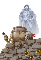  1boy armor breastplate brick cape claws closed_mouth commentary crack creature diallos_(elden_ring) elden_ring english_commentary facial_hair fake_horns faulds feathered_helmet feathers fewer_digits flower gido_(hinchel_or) goatee hands_on_own_hips helmet highres holding holding_flower holding_unworn_helmet horned_helmet horns jar_bairn looking_ahead male_focus mustache projected_inset red_flower rose short_hair shoulder_armor simple_background sitting smile unworn_headwear unworn_helmet vambraces white_background yellow_flower 