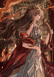  1girl absurdres bare_shoulders brown_background brown_eyes brown_hair chinese_commentary commentary_request cowboy_shot dress fiery_background fire from_side highres holding holding_instrument holding_lyre instrument laurel_crown long_hair looking_at_viewer lyre marcus_(reverse:1999) marcus_(to_the_gates_of_the_underworld)_(reverse:1999) off_shoulder official_alternate_costume qixianweijin red_robe reverse:1999 robe sleeveless sleeveless_dress solo very_long_hair white_dress 