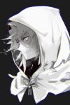  1boy black_background fate/grand_order fate_(series) flower_knot hair_between_eyes hanako_(onikutabetaiyo) hood hooded_robe long_hair looking_at_viewer merlin_(fate) monochrome ribbon robe signature smile solo upper_body white_hair 