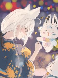  +++ 1girl ? animal_ears ascot blush bow closed_mouth commentary_request creature fireworks fox_ears fox_girl hair_bow highres holding holding_fireworks hololive japanese_clothes kimono kohitsujida light_particles looking_at_object ponytail shirakami_fubuki sketch solo sparkler squatting sukonbu_(shirakami_fubuki) wavy_mouth white_hair yukata 