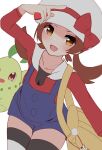  1girl :d absurdres bag black_shirt blue_dress blue_shorts blush brown_eyes brown_hair chikorita collarbone commentary cowboy_shot dress hand_up hat highres holding holding_poke_ball iroha_(pcrx7327) jacket long_hair long_sleeves looking_at_viewer lyra_(pokemon) open_mouth poke_ball poke_ball_(basic) pokemon pokemon_(game) pokemon_hgss red_shirt shirt short_shorts shorts sidelocks simple_background smile solo standing thigh-highs thighs twintails visor_cap white_background white_headwear 