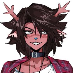  1girl animal_ear_piercing animal_ears antlers blue_nose brown_hair collarbone commentary december_holiday deer_antlers deer_ears deer_girl deltarune design_speculation english_commentary flannel furry furry_female highres horns light_smile looking_to_the_side parted_lips portrait reindeer_girl solo trou_noir utdr_(toby_fox) white_background 