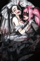  2girls absurdres alien_stage black_hair blood blood_on_clothes blood_on_face bow bridal_veil dress english_commentary gloves hair_between_eyes hawk_till highres looking_at_viewer mizi_(alien_stage) multiple_girls off-shoulder_dress off_shoulder open_mouth pink_hair smile sua_(alien_stage) suit thick_eyebrows twintails veil violet_eyes wedding_dress white_bow white_dress white_gloves zombie_stage 