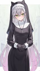  1girl absurdres blush body_markings breasts commentary_request crossed_bangs demon_girl dress fate/grand_order fate_(series) green_eyes grey_hair highres lilith_(fate) long_hair long_sleeves looking_at_viewer medium_breasts nagine nun solo very_long_hair 
