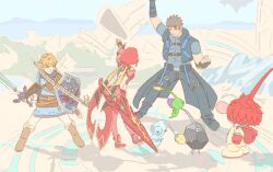  aegis_sword_(xenoblade) blonde_hair brown_hair clenched_hand commentary_request gloves glow_pikmin holding holding_sword holding_weapon hylian_shield ice_pikmin master_sword pikmin_(creature) pikmin_(series) pikmin_4 pointy_ears pyra_(xenoblade) red_gloves red_hair red_leafling rex_(xenoblade) rock_pikmin sakurairo_(saku_1ro) scar scar_across_eye scar_on_face shadow shield super_smash_bros. sword the_legend_of_zelda the_legend_of_zelda:_tears_of_the_kingdom waving weapon xenoblade_chronicles_(series) xenoblade_chronicles_2 xenoblade_chronicles_3 xenoblade_chronicles_3:_future_redeemed 