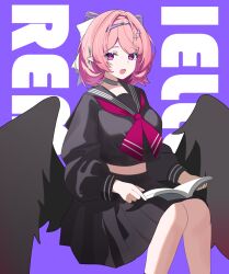  1girl black_serafuku black_skirt black_wings book book_on_lap breasts commentary_request dada0082 highres large_breasts looking_at_viewer medium_hair pink_hair pointy_ears purple_background remielle_dan school_uniform serafuku simple_background skirt solo variant_set violet_eyes wings zenless_zone_zero 