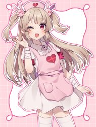  1girl apron armband bandaged_wrist bandages blush border brown_hair center_frills collared_dress commentary cowboy_shot dress fang frills grid_background hair_ornament hanasaki_ayame_(artist) hand_up hat heart heart_print long_hair looking_at_viewer nail_polish natori_sana natori_sana_(nurse) nurse_cap one_eye_closed open_mouth ornate_border outline pink_apron pink_armband pink_background pink_hat pink_outline puffy_short_sleeves puffy_sleeves rabbit_hair_ornament raised_eyebrow red_eyes red_nails sana_channel short_sleeves skin_fang smile solo standing thigh-highs two-tone_background two_side_up virtual_youtuber white_background white_dress white_outline white_thighhighs 