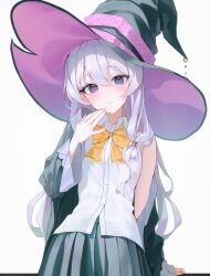  1girl black_background black_hat black_robe black_skirt blue_eyes braid breasts closed_mouth collared_shirt commentary_request elaina_(majo_no_tabitabi) grey_hair hair_between_eyes hat highres long_hair looking_at_viewer majo_no_tabitabi pleated_skirt robe shiina_1001 shirt skirt sleeveless sleeveless_shirt small_breasts solo white_shirt witch_hat 