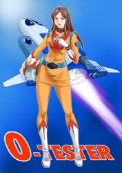  1girl belt blue_belt boots brown_hair closed_mouth commentary_request copyright_name dress flying full_body gloves green_eyes hand_up helmet highres holding holding_unworn_helmet knee_boots lipstick lisa_(zero_tester) long_hair makeup niina_akihiko orange_dress orange_pants pants red_lips short_dress smile solo spacecraft standing unworn_headwear unworn_helmet white_boots white_gloves zero_tester 