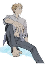  1boy absurdres barefoot black_eyes blonde_hair cigarette commentary_request elbow_on_knee foot_out_of_frame highres holding holding_cigarette korean_commentary looking_to_the_side male_focus mob_psycho_100 navel open_fly pants parted_lips profile reigen_arataka reigendream shirt short_hair sitting solo white_background 